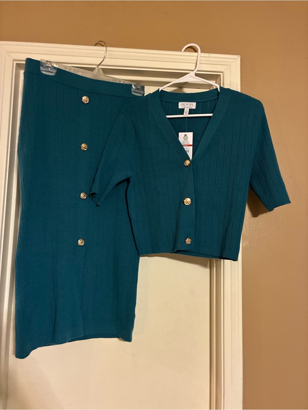 sofia by sofia vergara Teal Ribbed Button Cardigan and Skirt Set